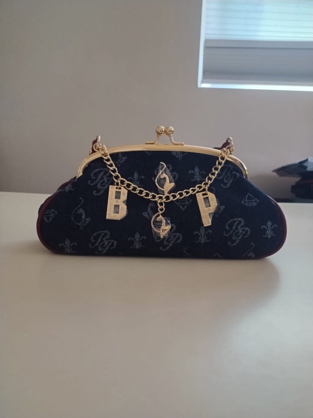 Baby Phat Monogram Clutch Purse with Gold Chain and Charms